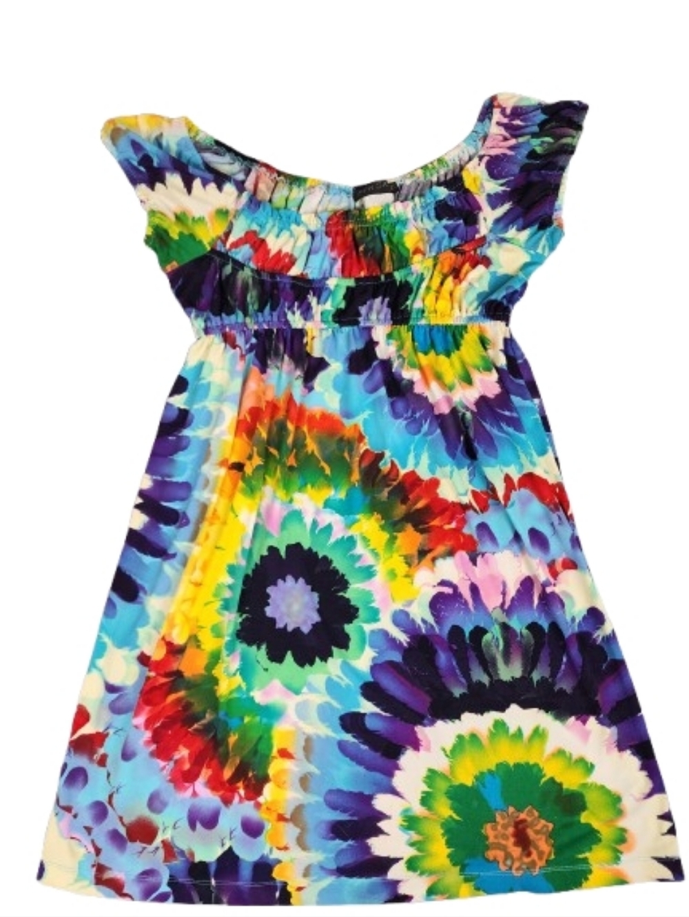 Multicolor Tie-Dye Sundress By Blu Sage Stretchy Gathered Chest Boho Style 70s